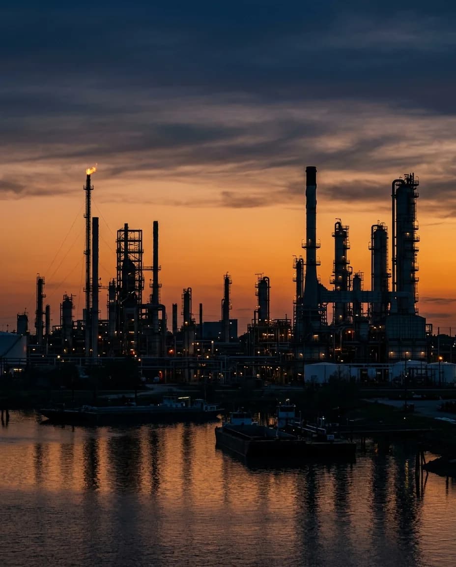 Houston petrochemical refinery skyline at dusk along the Ship Channel