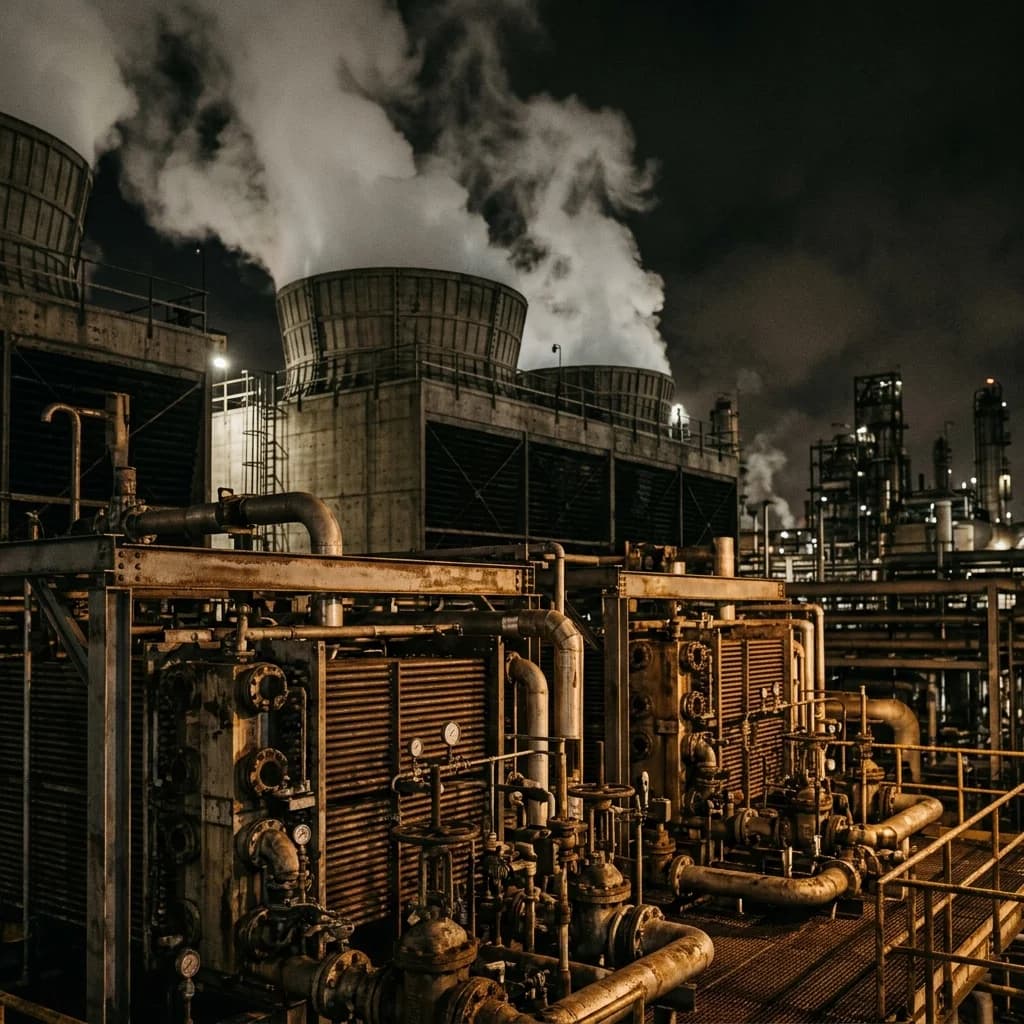 Refinery cooling towers with steam rising - Pasadena petrochemical facility