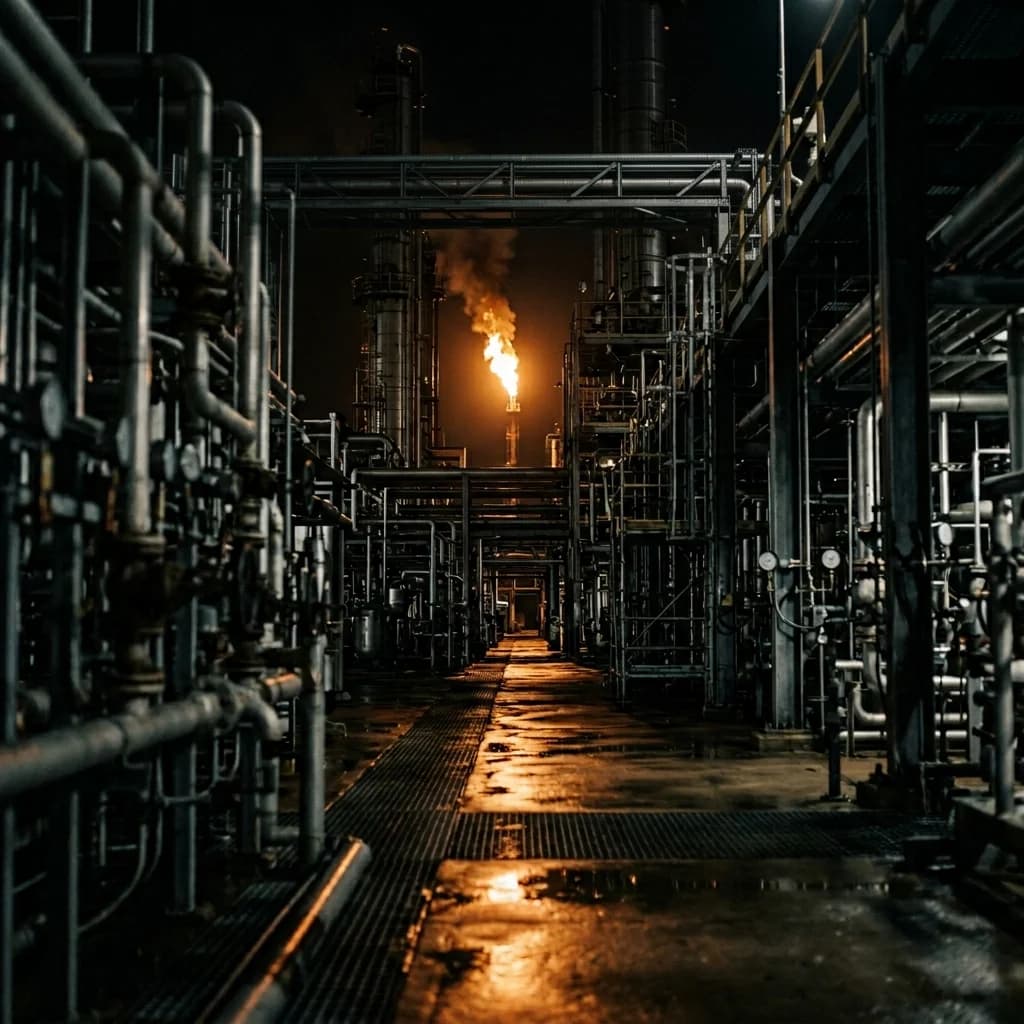 Refinery corridor at night with flare stack